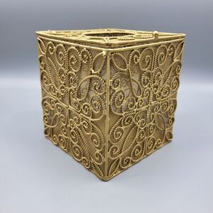 Vintage Tissue Box Gold Tone Metal Filigree Wire Cube Decorative With Hinged Lid